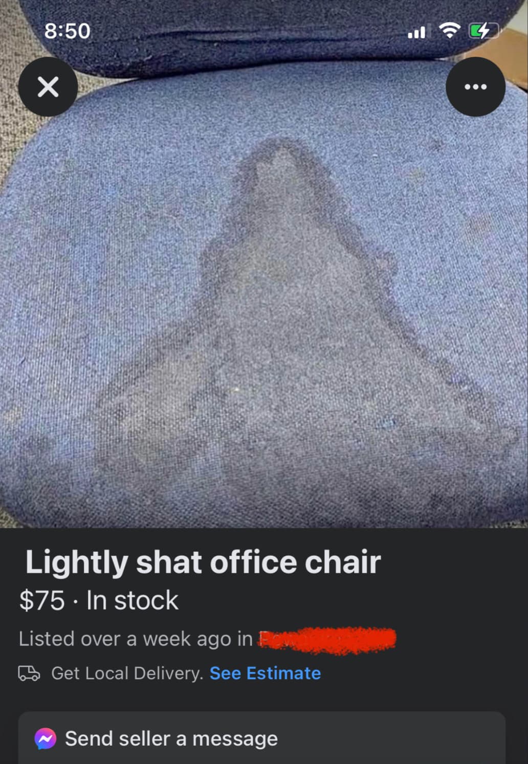 screenshot - Lightly shat office chair $75. In stock Listed over a week ago in Get Local Delivery. See Estimate Send seller a message